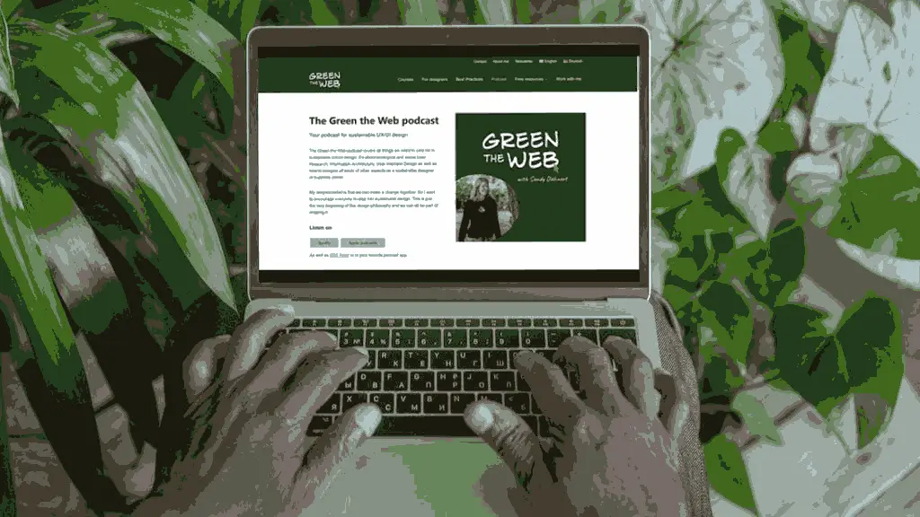 Mockup of man browsing the Green The Web podcast on his laptop. Bunch of green plants in the background.