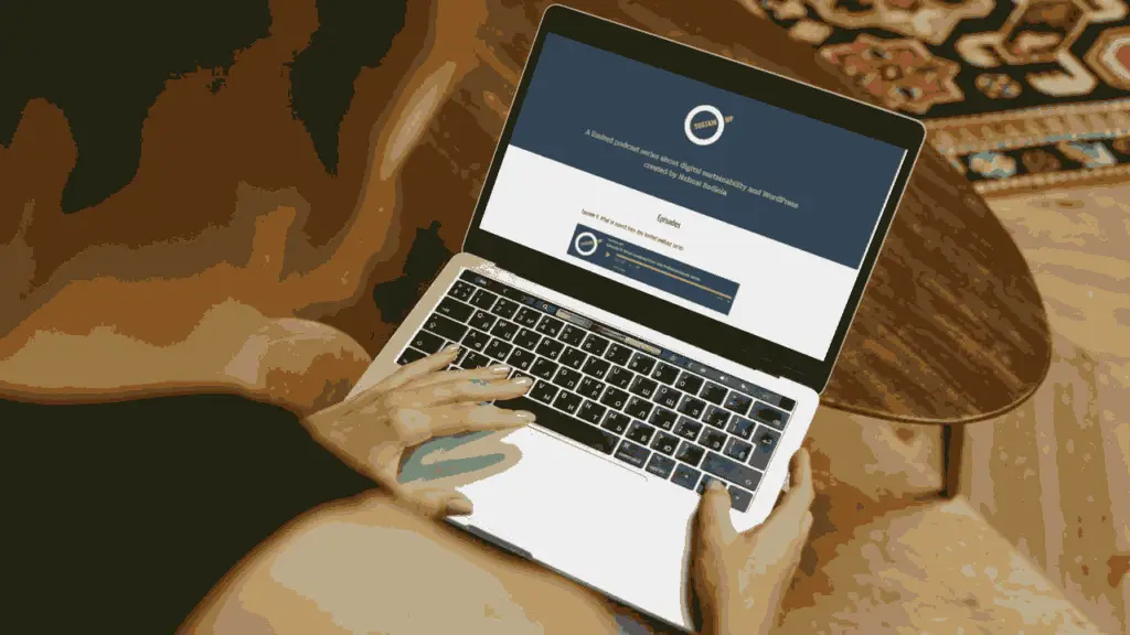 Mockup of a woman browsing the SustainWP website