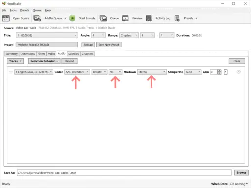 HandBrake Audio tab; Codec: AAC, Bitrate: 96; Mixdown: stereo