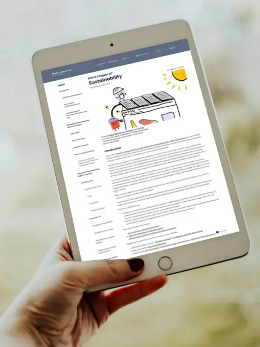 Person holding iPad with Web Almanac article on Sustainability