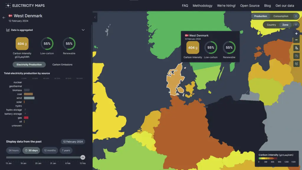 Denmark: 404 g CO₂eq/kWh - Screenshot 2024