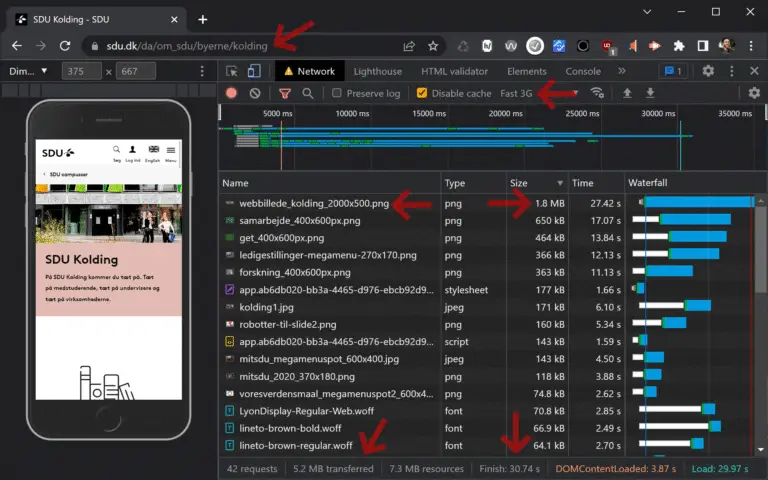 SDU Kolding website loads on throttled iPhone in 30 seconds.
